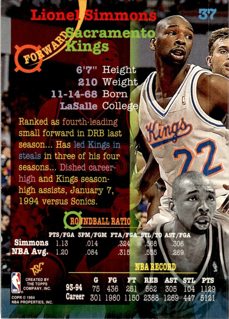 1994-95 Stadium Club Basketball Card Lionel Simmons Sacramento Kings #37