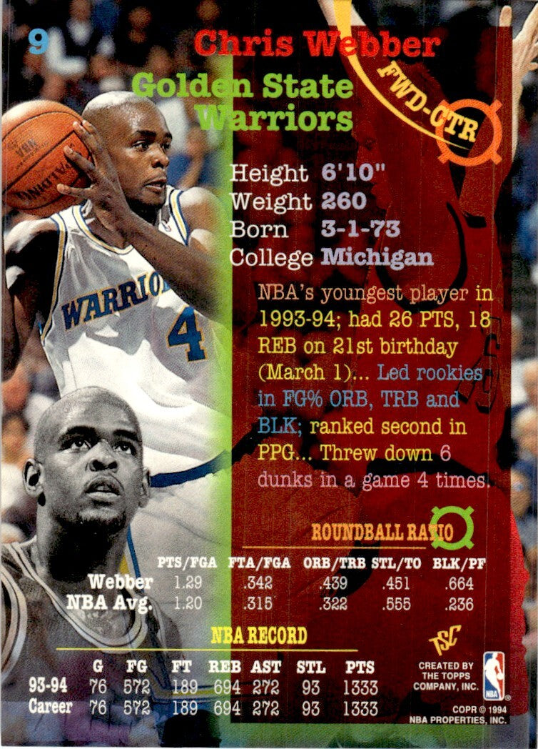 1994-95 Stadium Club Basketball Card Chris Webber Golden State Warriors #9