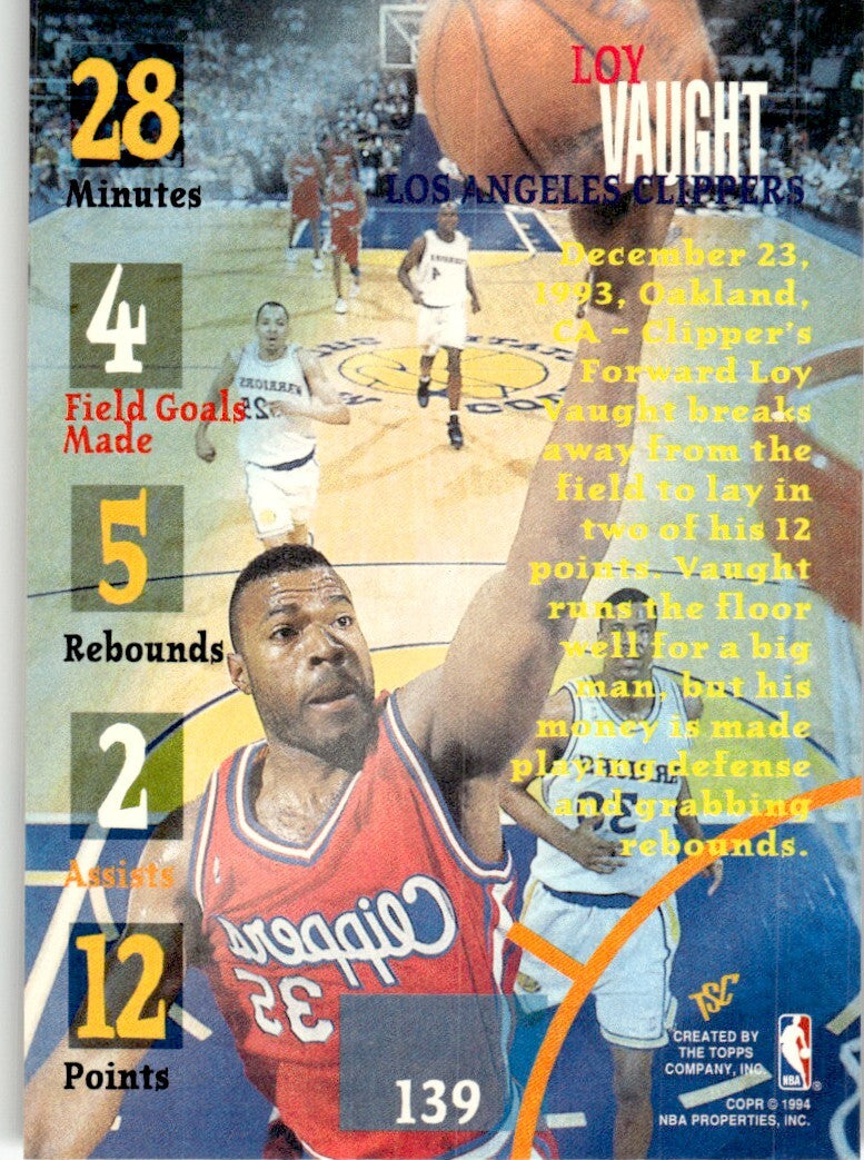 1994-95 Stadium Club Basketball Card Loy Vaught Los Angeles Clippers #139