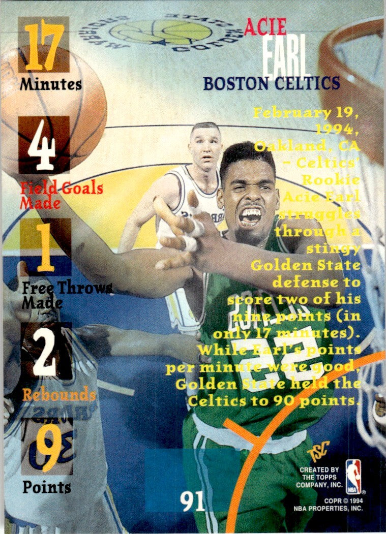 1994-95 Stadium Club Basketball Card Acie Earl Boston Celtics #91