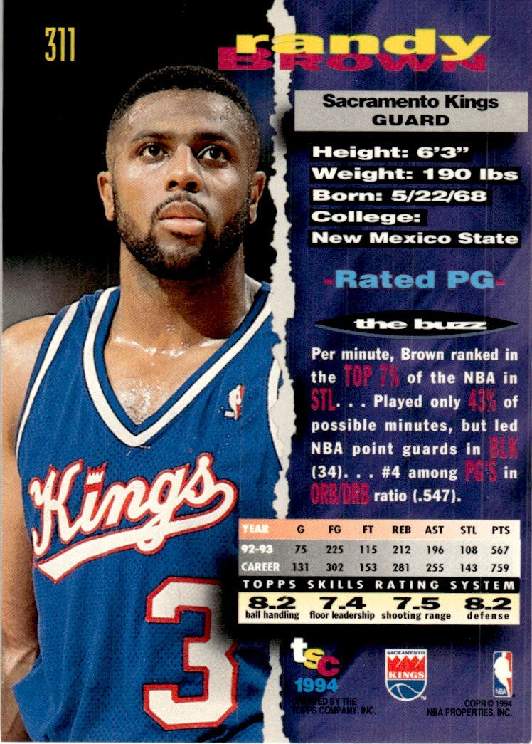 1993-94 Stadium Club Basketball Card Randy Brown Sacramento Kings #311