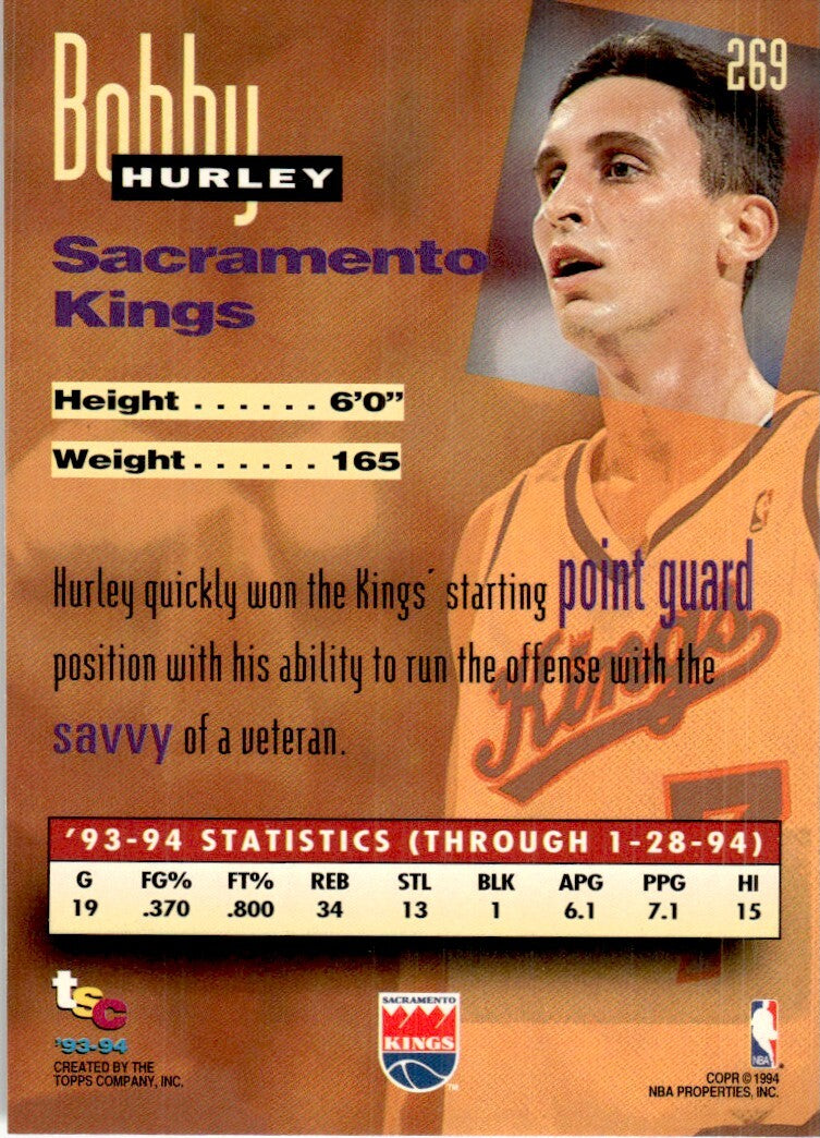 1993-94 Stadium Club Basketball Card Bobby Hurley Sacramento Kings #269
