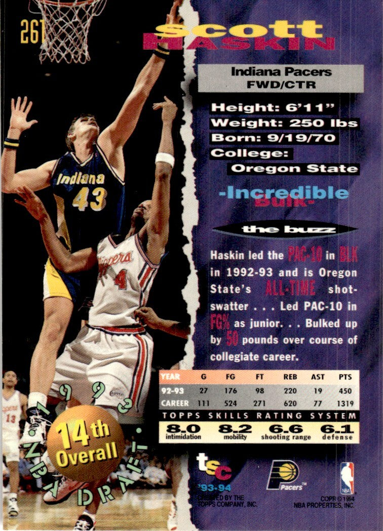 1993-94 Stadium Club Basketball Card Scott Haskin Indiana Pacers #261