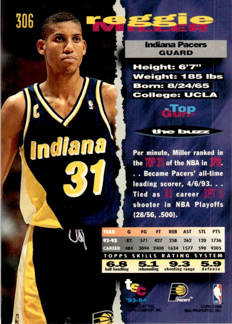 1993-94 Stadium Club Basketball Card Reggie Miller Indiana Pacers #306