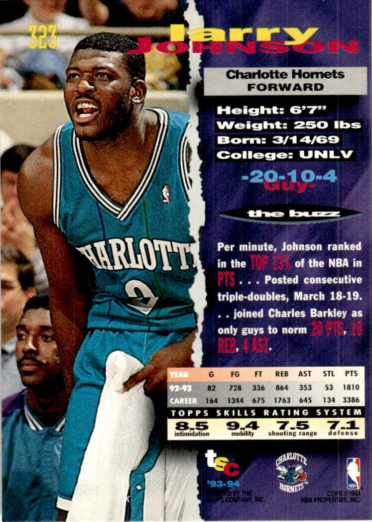1993-94 Stadium Club Basketball Card Larry Johnson Charlotte Hornets #323