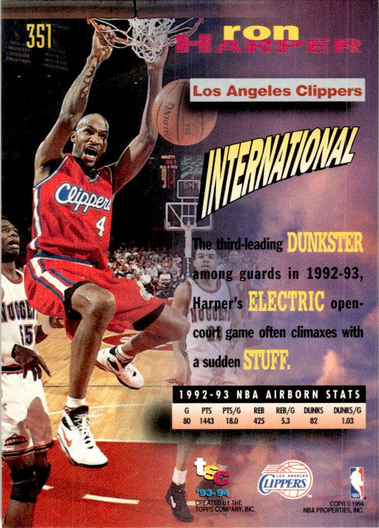 1993-94 Stadium Club Basketball Card Ron Harper Los Angeles Clippers #351