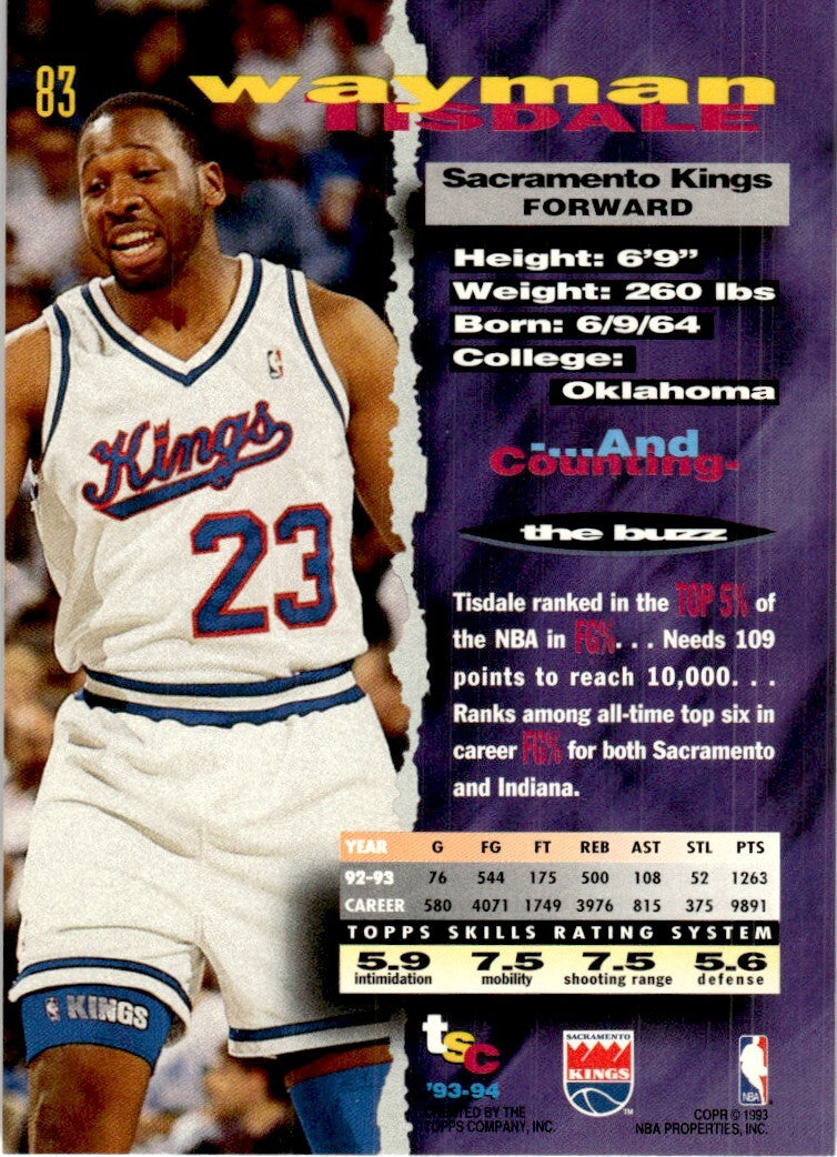 1993-94 Stadium Club Basketball Card Wayman Tisdale Sacramento Kings #83
