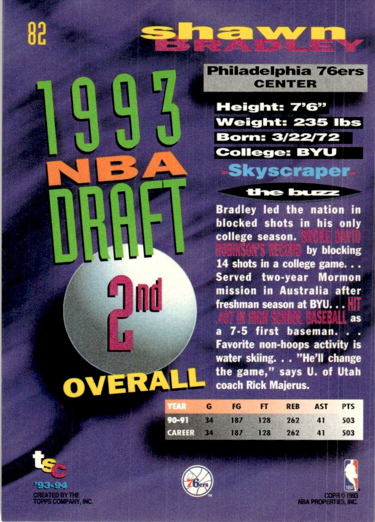 1993-94 Stadium Club Basketball Card Shawn Bradley Philadelphia 76ers #82