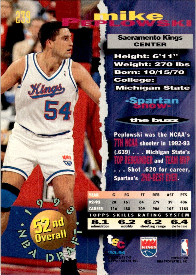 1993-94 Stadium Club Basketball Card Mike Peplowski Rookie Sacramento Kings #239