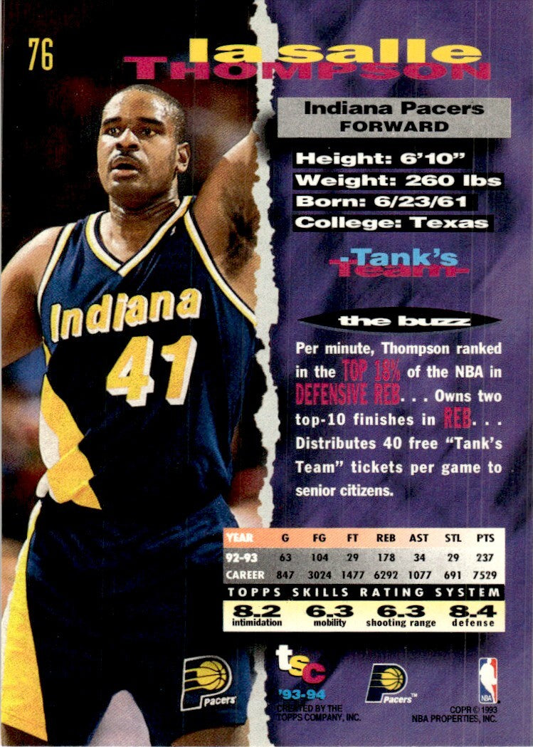 1993-94 Stadium Club Basketball Card LaSalle Thompson Indiana Pacers #76