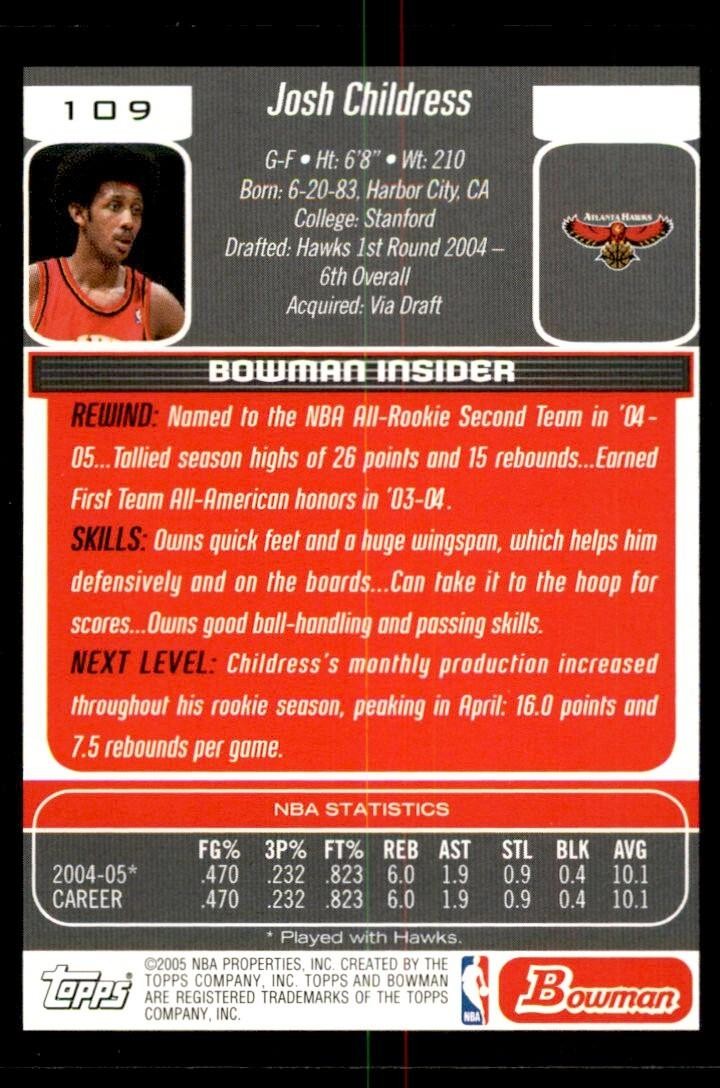 2005-06 Bowman Draft Josh Childress Basketball Cards #109