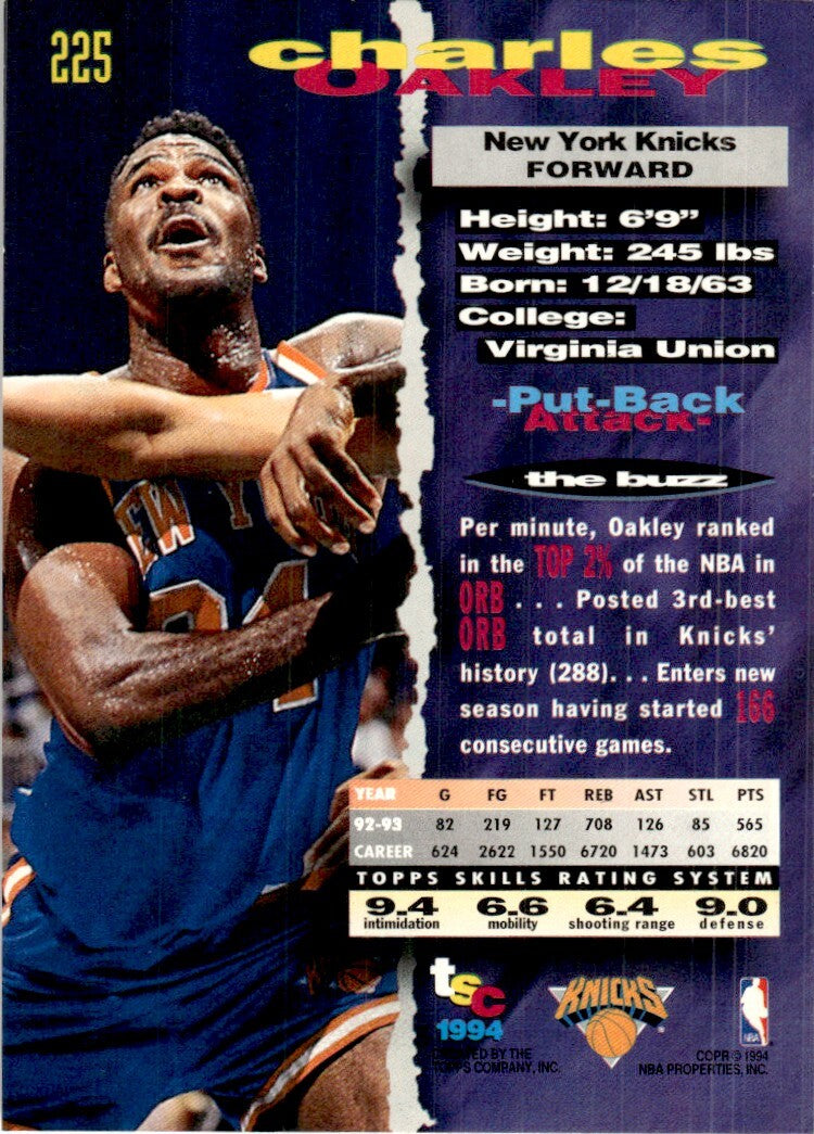 1993-94 Stadium Club Basketball Card Charles Oakley New York Knicks #225