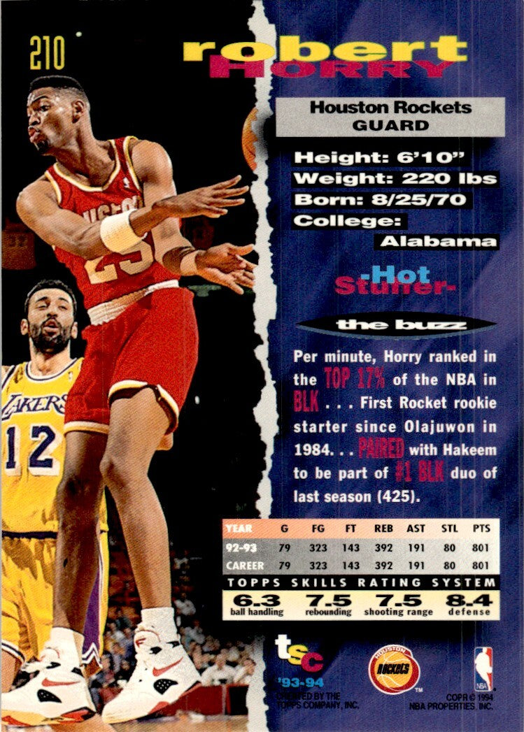 1993-94 Stadium Club Basketball Card Robert Horry Houston Rockets #210