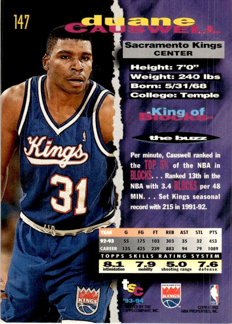 1993-94 Stadium Club Basketball Card Duane Causwell Sacramento Kings #147