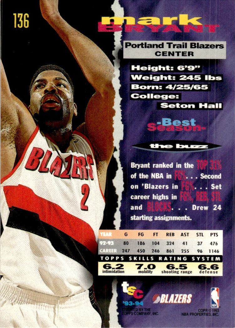 1993-94 Stadium Club Basketball Card Mark Bryant Portland Trail Blazers #136