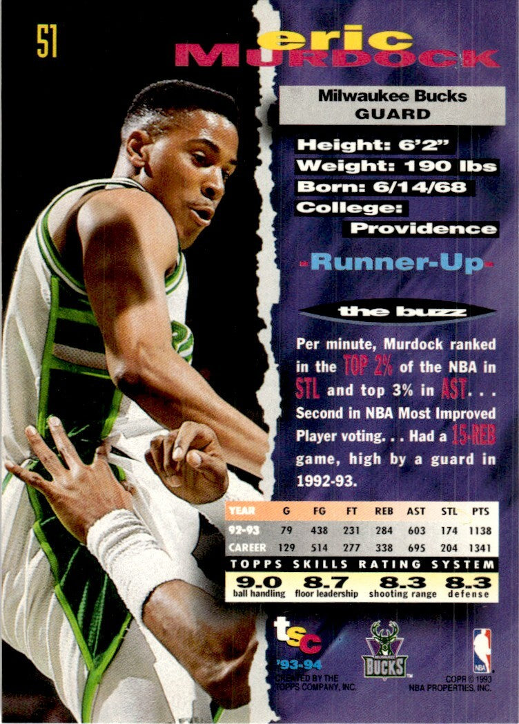 1993-94 Stadium Club Basketball Card Eric Murdock Milwaukee Bucks #51