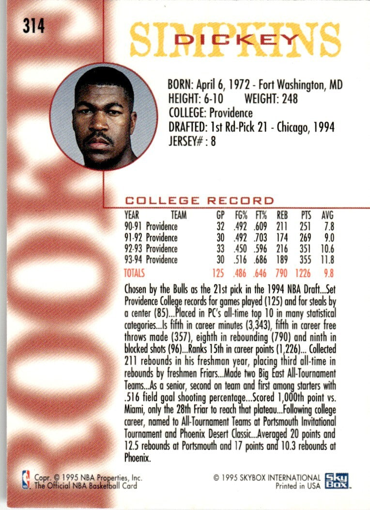 1994-95 NBA Hoops Basketball Card Dickey Simpkins Rookie Chicago Bulls #314