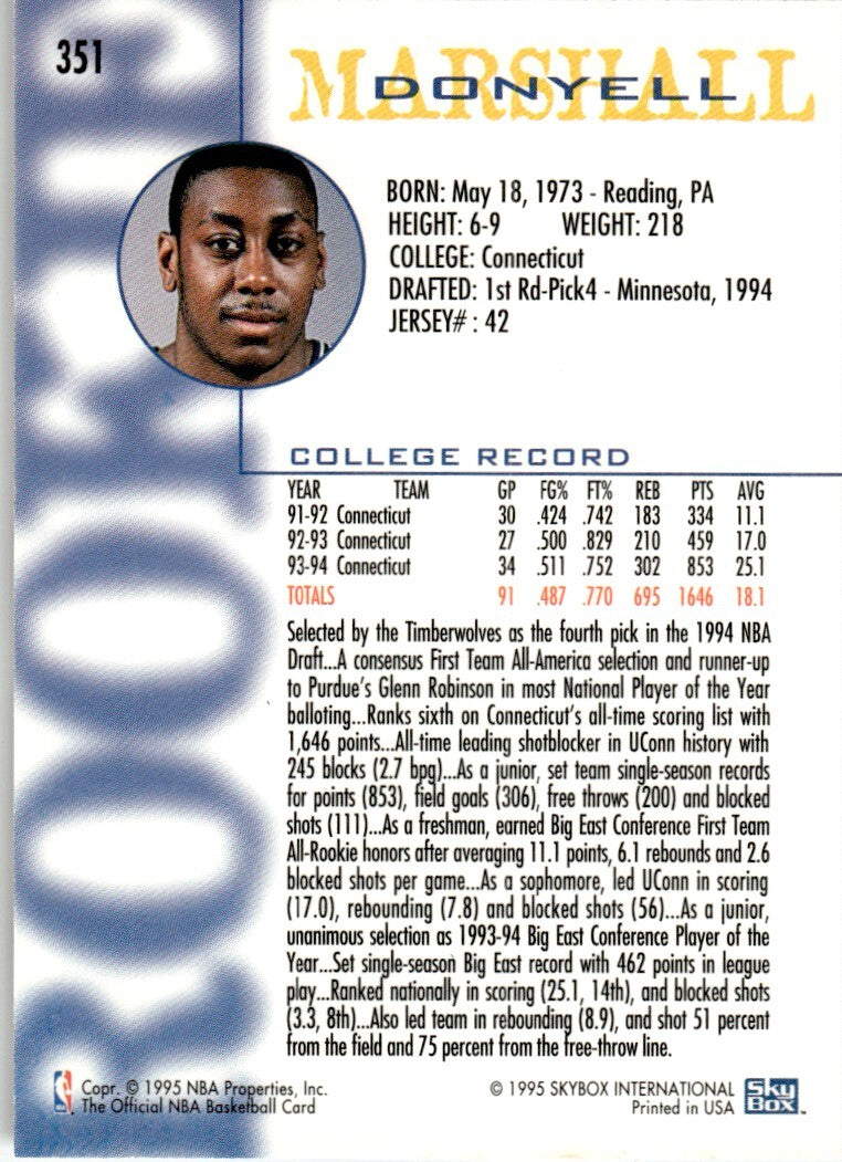 1994-95 NBA Hoops Basketball Card Donyell Marshall Rookie Minnesota Timberwolves