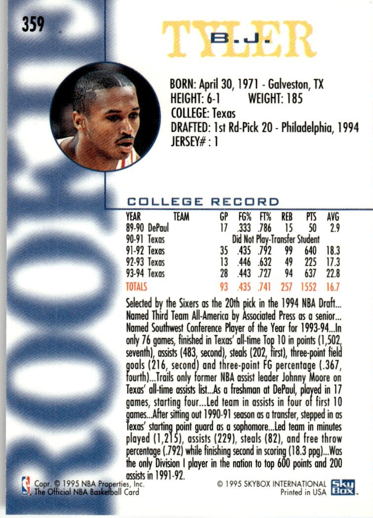 1994-95 NBA Hoops Basketball Card B.J. Tyler Rookie Philadelphia 76ers #359