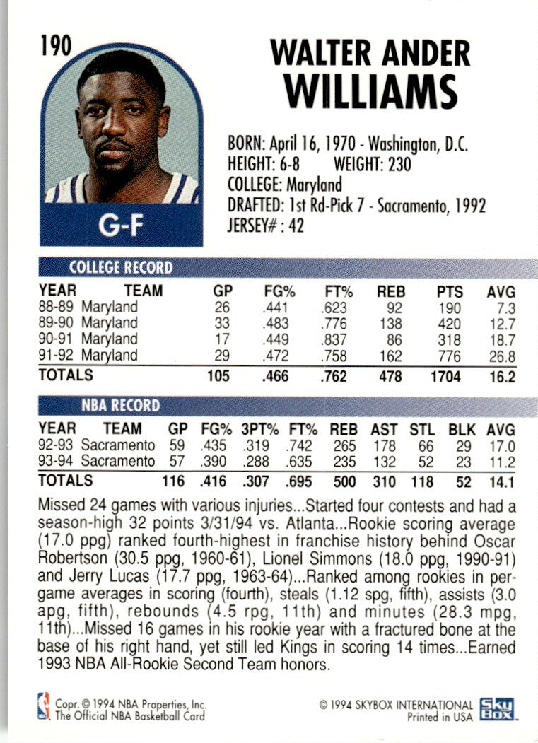 1994-95 NBA Hoops Basketball Card Walt Williams Sacramento Kings #190