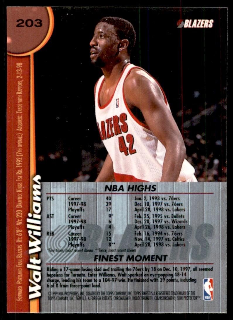 1999-00 Topps Finest w/coating Walt Williams Basketball cards #203