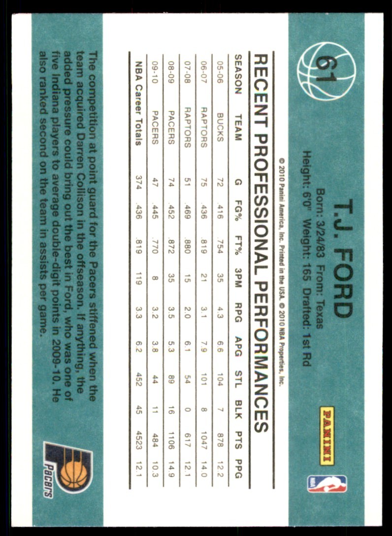 2010-11 Donruss T.J. Ford A Basketball Cards. #61