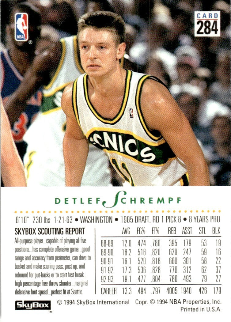 1993-94 SkyBox Basketball Card Detlef Schrempf Seattle SuperSonics #284