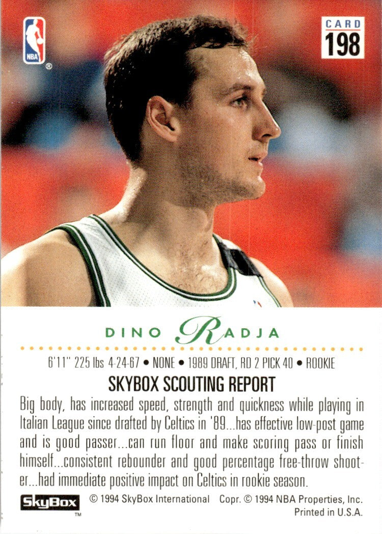 1993-94 SkyBox Basketball Card Dino Radja Rookie Boston Celtics #198