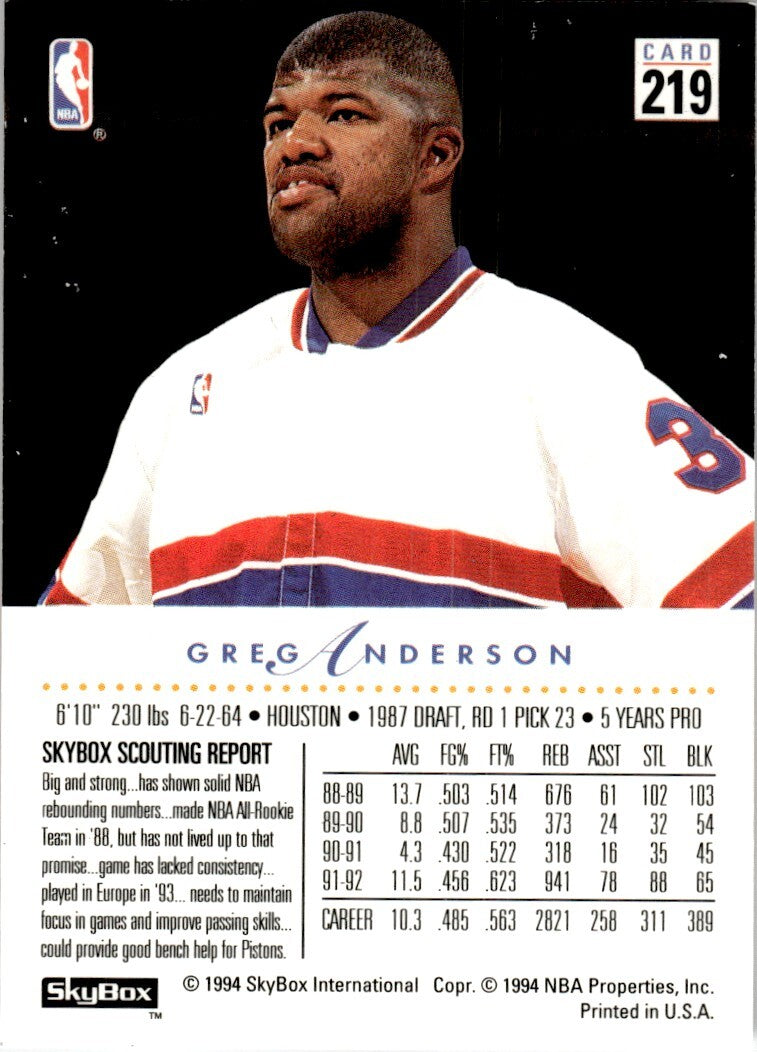 1993-94 SkyBox Basketball Card Greg Anderson Detroit Pistons #219