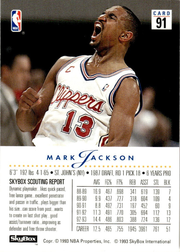 1993-94 SkyBox Basketball Card Mark Jackson Los Angeles Clippers #91