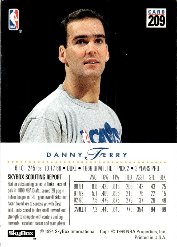 1993-94 SkyBox Basketball Card Danny Ferry Cleveland Cavaliers #209