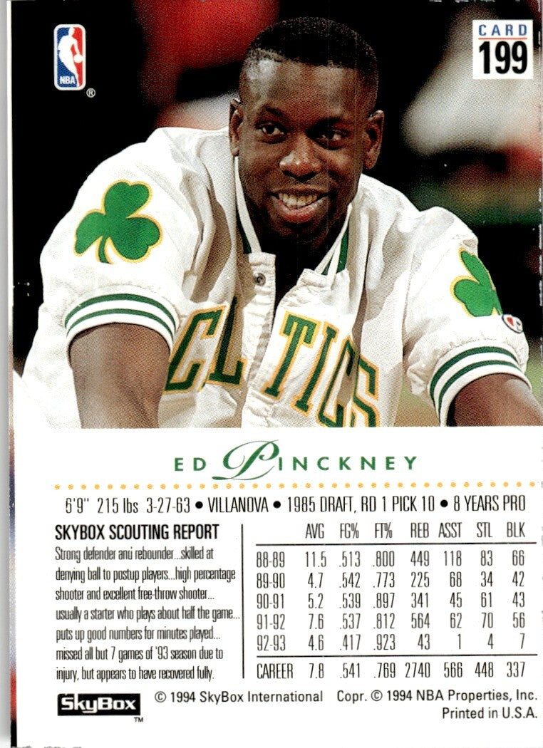 1993-94 SkyBox Basketball Card Ed Pinckney Boston Celtics #199