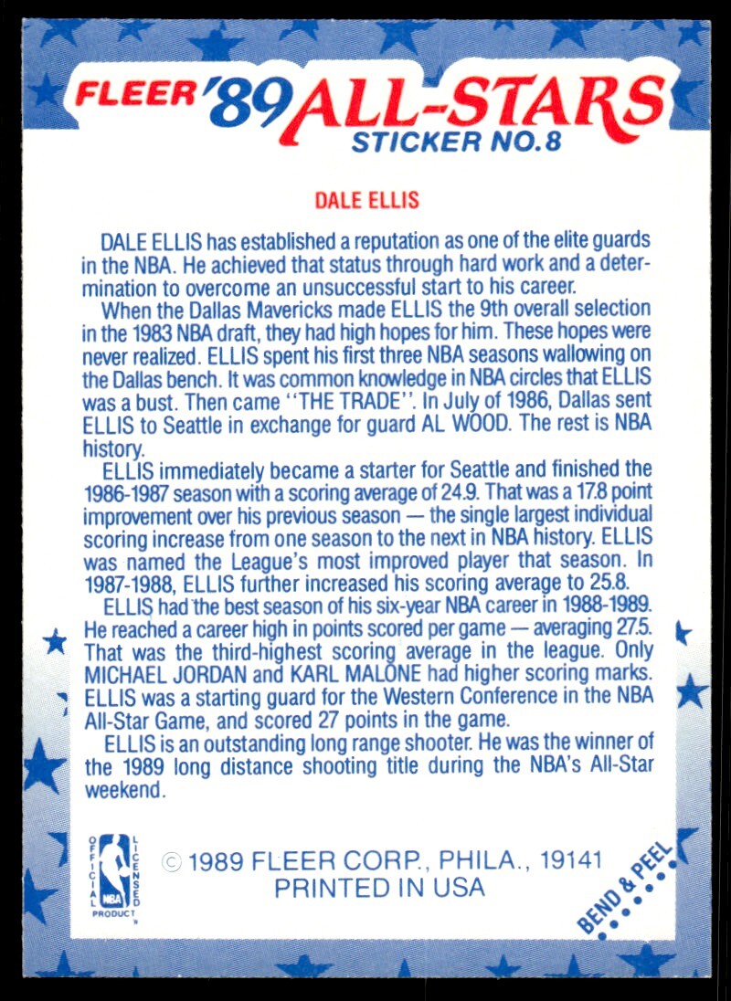 1989-90 Fleer Stickers Dale Ellis Seattle SuperSonics #8