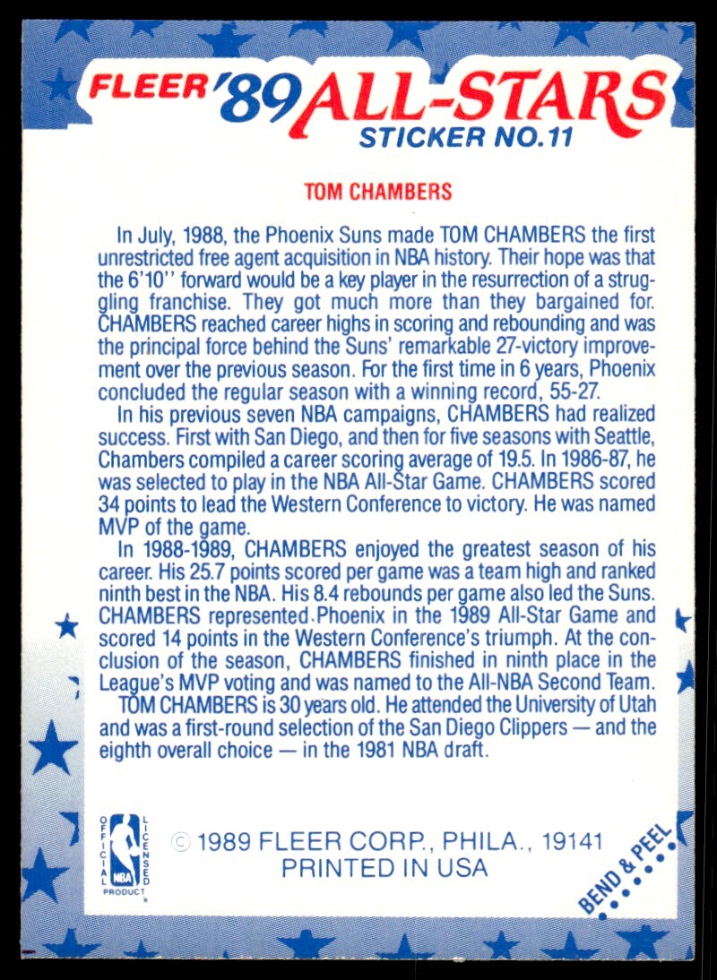 1989-90 Fleer Stickers Tom Chambers A Phoenix Suns #11