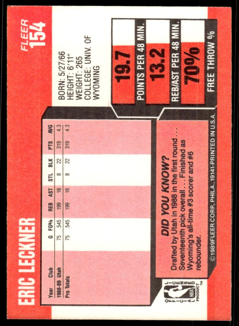 1989-90 Fleer Basketball Card Eric Leckner Utah Jazz #154