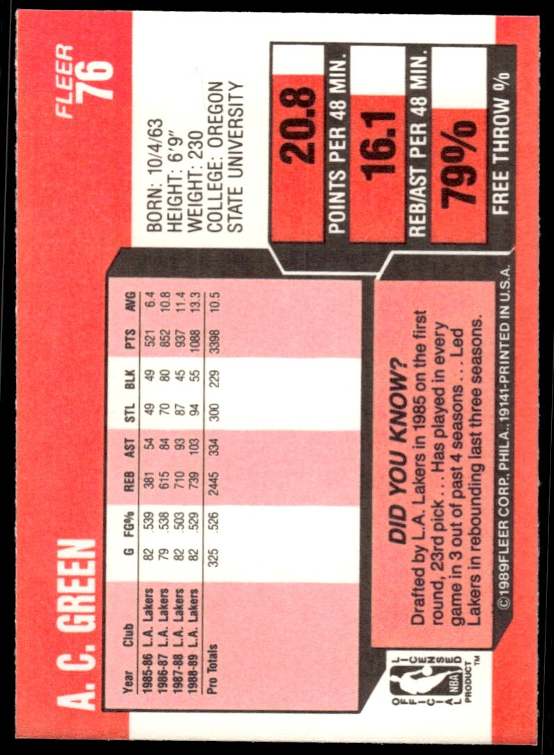 1989-90 Fleer Basketball Card A.C. Green Los Angeles Lakers #76