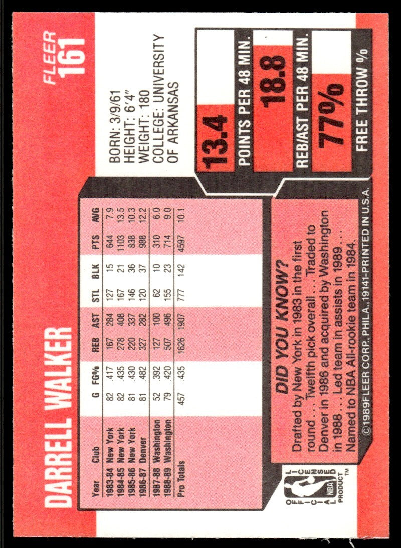 1989-90 Fleer Basketball Card Darrell Walker A Washington Bullets #161