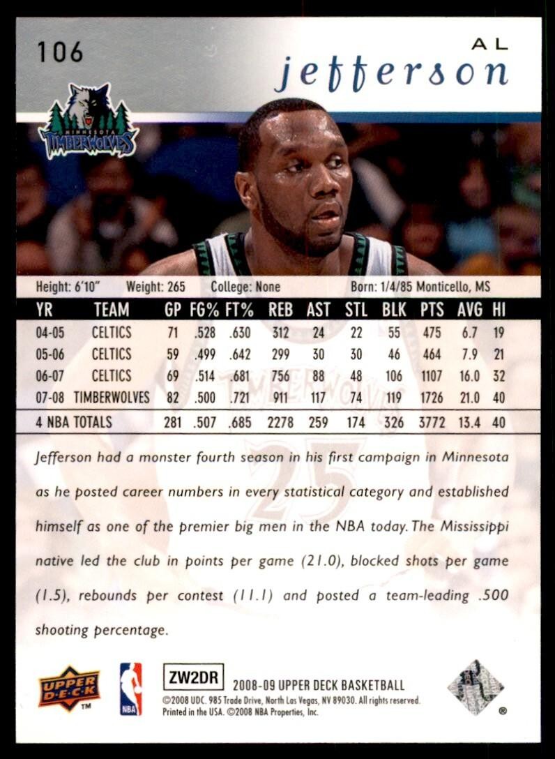 2008-09 Upper Deck Al Jefferson Basketball cards #106