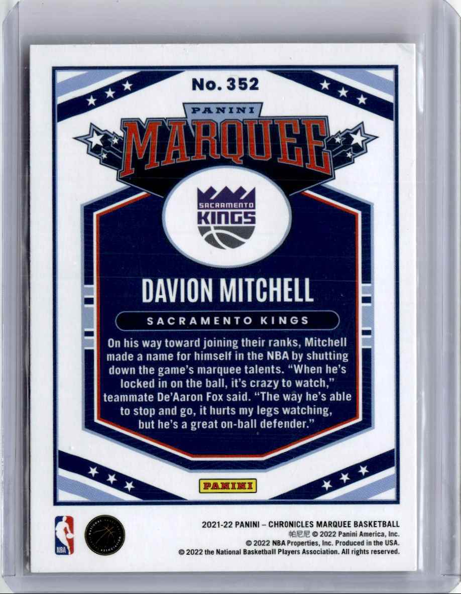 2021-22 Panini Marquee Davion Mitchell Basketball Card Sacramento Kings #352