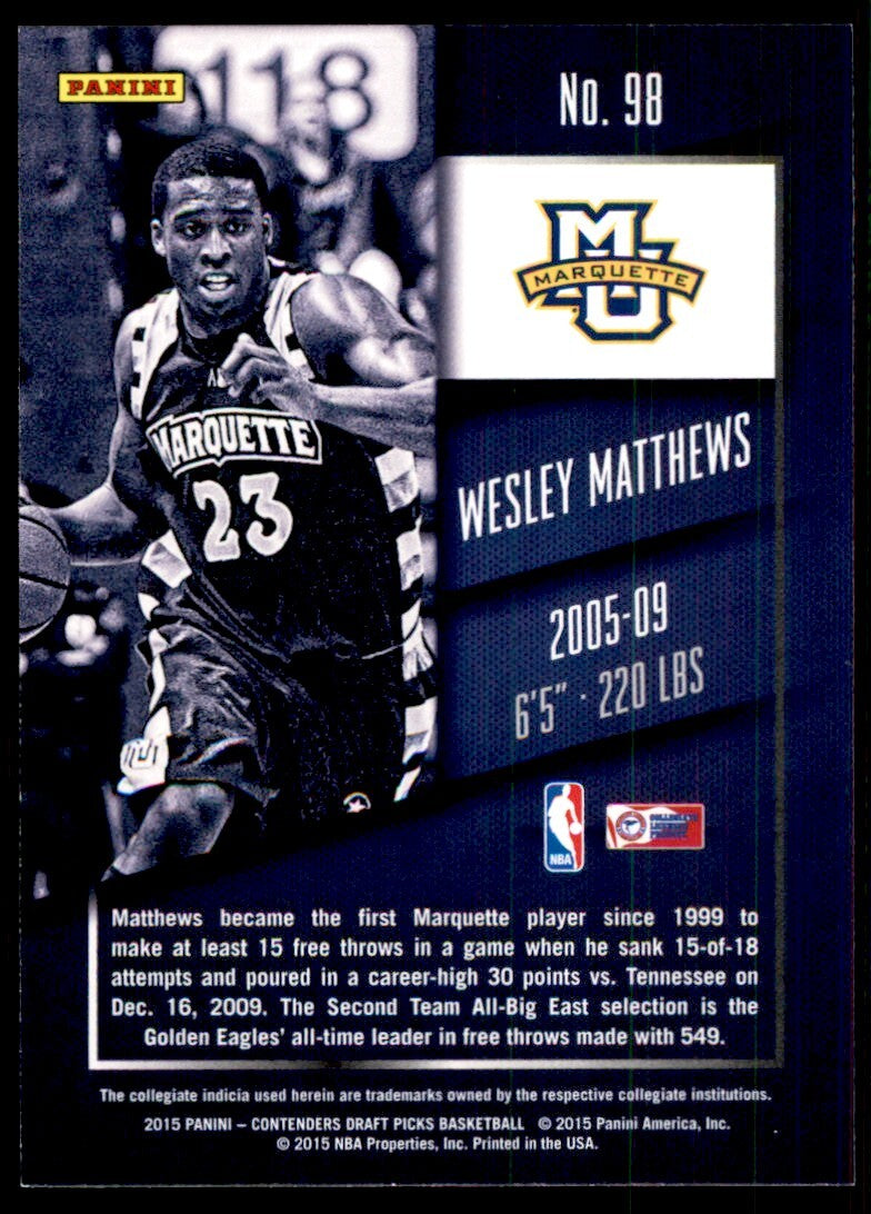 2015-16 Panini Contenders Draft Picks. Wesley Matthews Basketball Cards #98