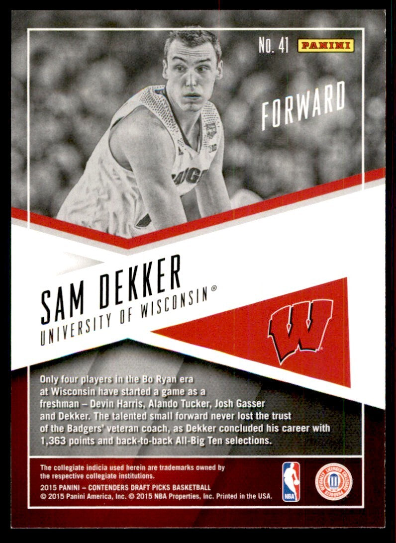 2015-16 Panini Contenders Draft Picks; Sam Dekker Basketball Cards #41