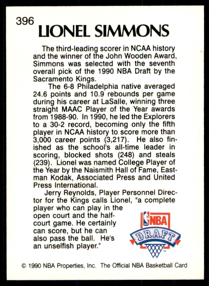 1990-91 Hoops Lionel Simmons Basketball Cards #396