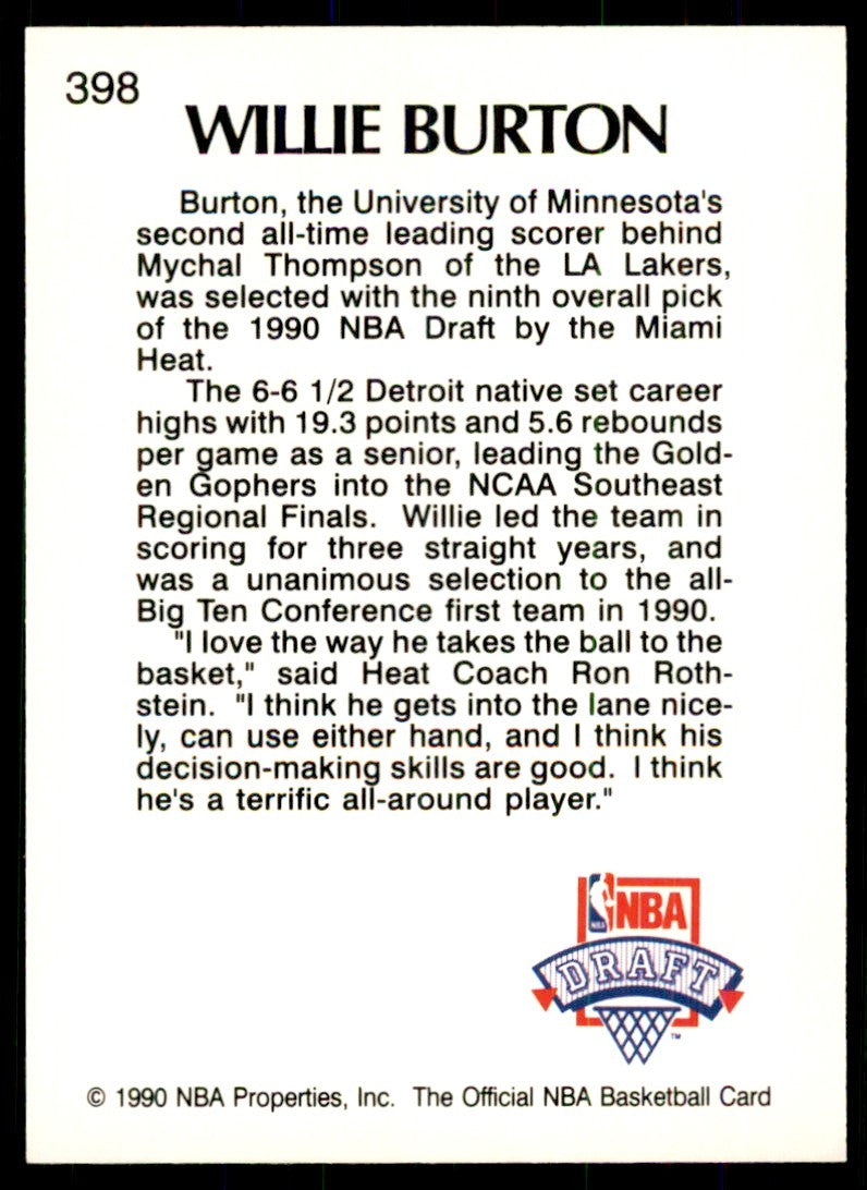 1990-91 Hoops Willie Burton B Basketball Cards #398