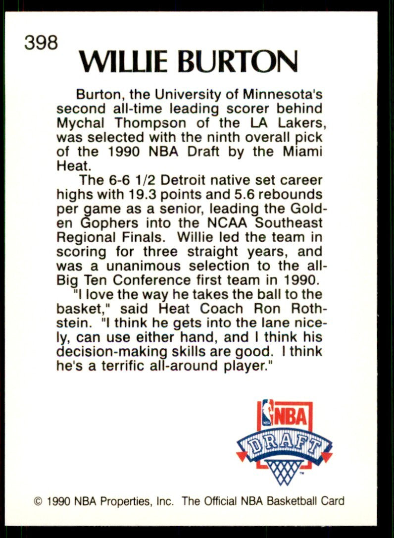 1990-91 Hoops Willie Burton C Basketball Cards #398