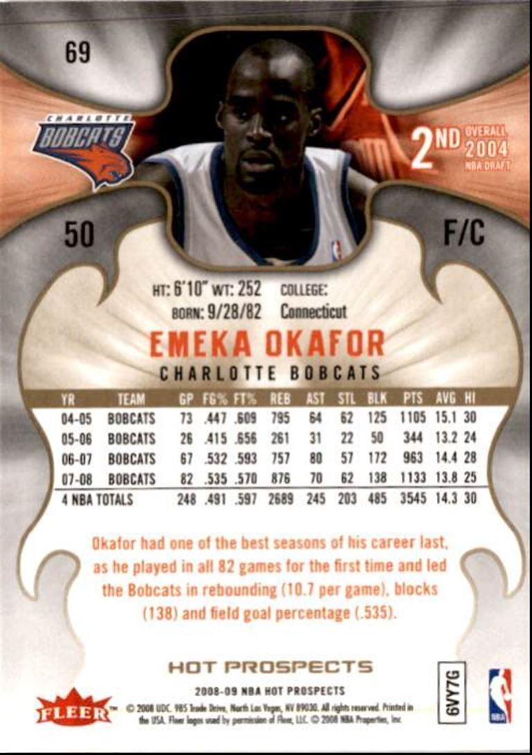 2008-09 Fleer Hot Prospects Emeka Okafor / Charlotte Bobcats #69