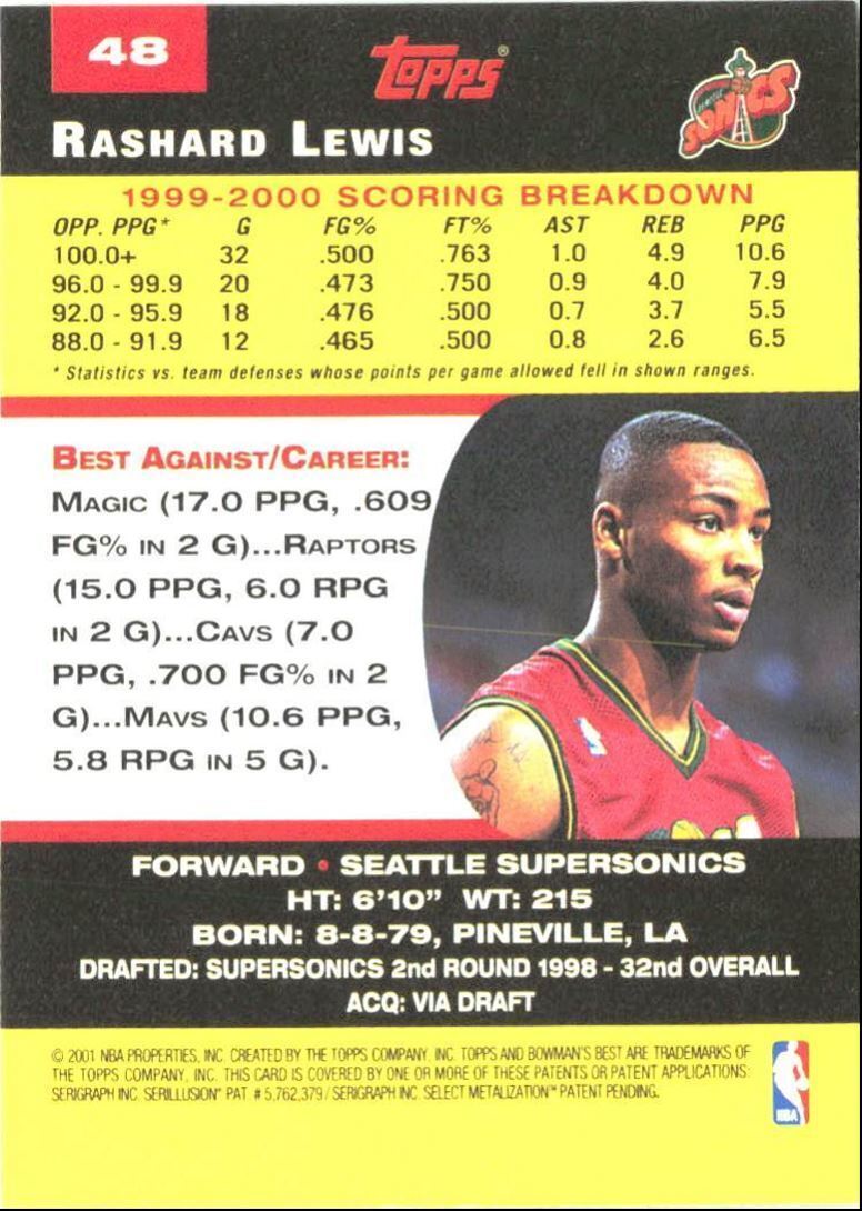 2001-02 Bowman's Best Rashard Lewis / Seattle SuperSonics #48