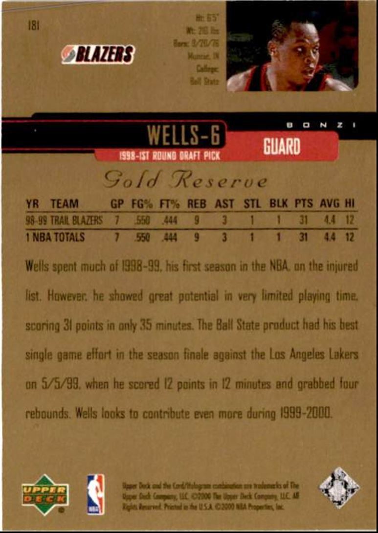 1999-00 Upper Deck Gold Reserve Bonzi Wills Portland Trail Blazers #181