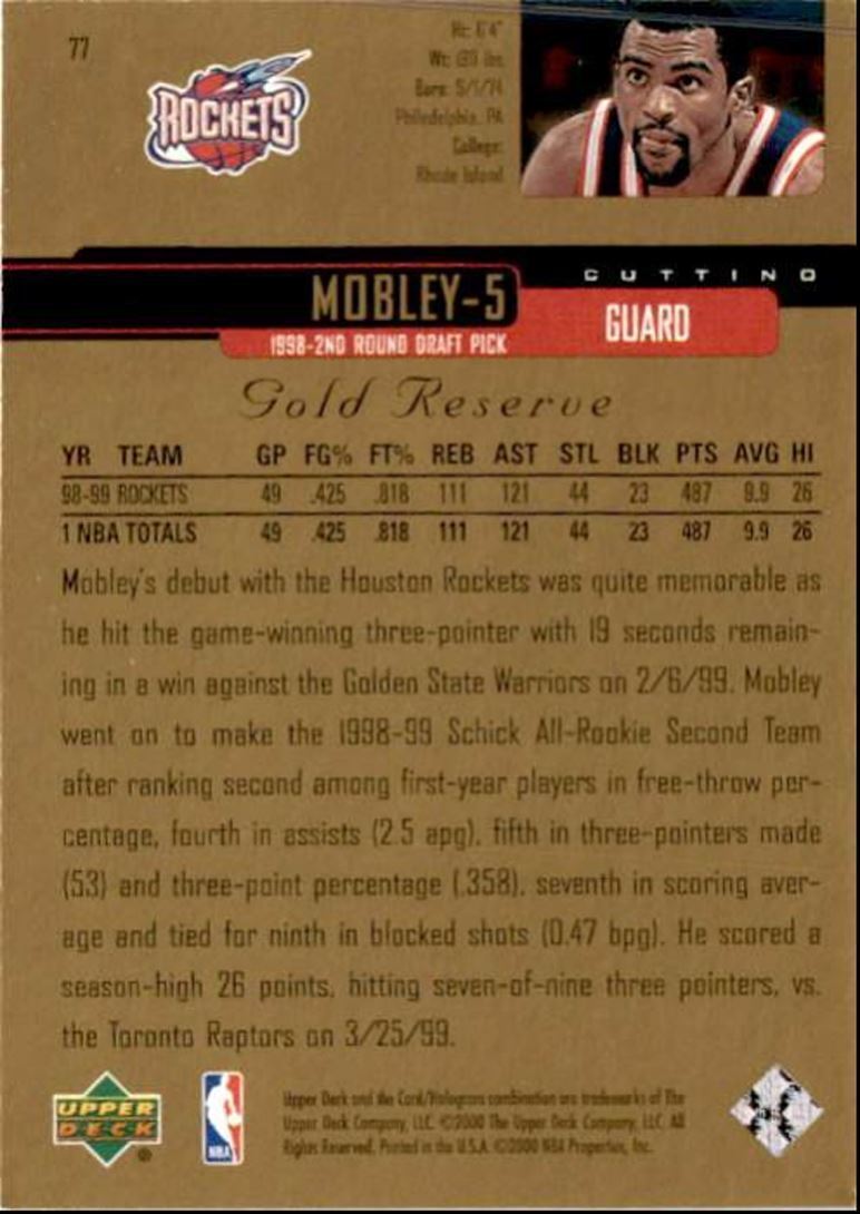 1999-00 Upper Deck Gold Reserve Cuttino Mobley Houston Rockets #77
