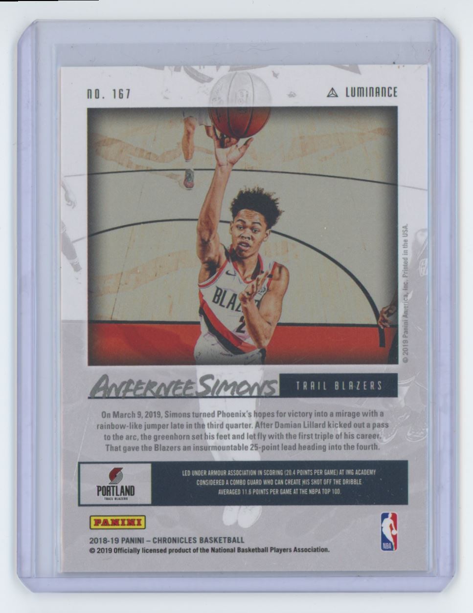 2018-19 Panini Luminance Anfernee Simons Basketball Card Portland Trail Blazers