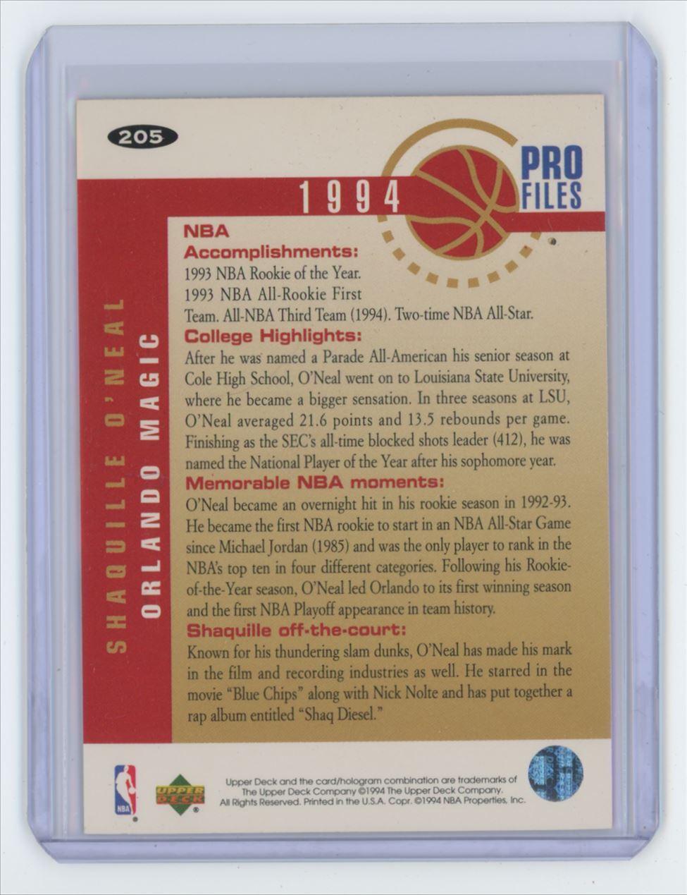 1994-95 Collector's Choice Shaquille O'Neal Basketball Card Orlando Magic #205